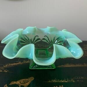 Vintage Jefferson Glass Green Opaline Footed Glass Bowl Ruffled Edge 8 1/2” Wide